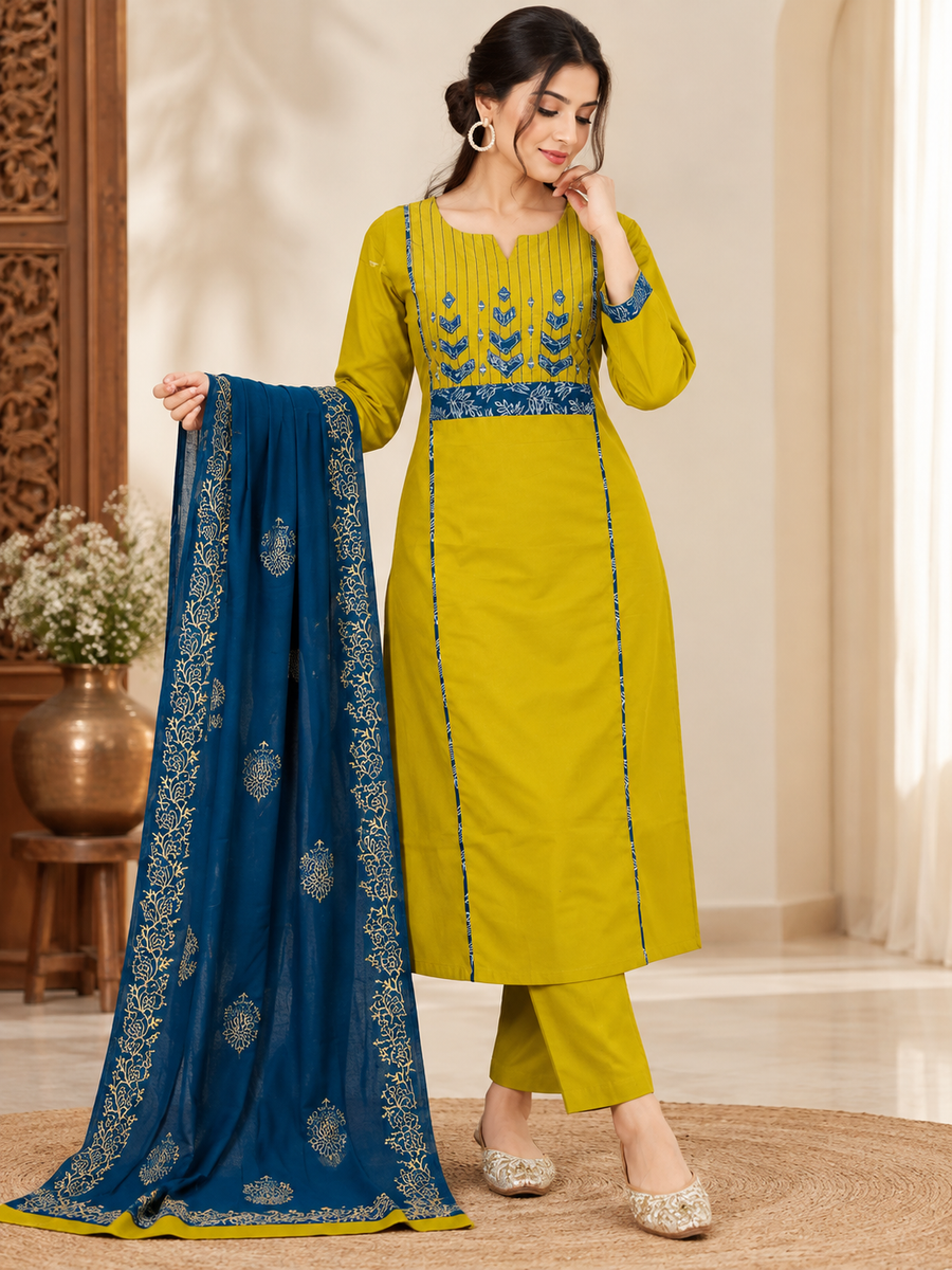 Women's Mustard Yellow Pure Russian Silk Designer Suit Set with Moti & Dabka Work
