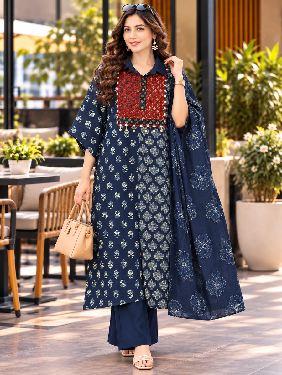 Women's Navy Blue & Maroon Premium Cotton ND Kurtis Printed  Set with Real Mirror Handwork