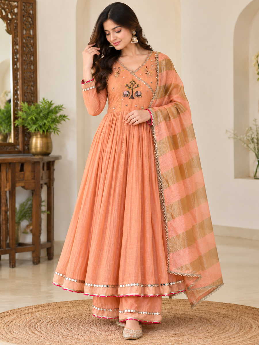 Women's Peach Coral Mul Chanderi Designer Suit Set with Original Mirror Handwork