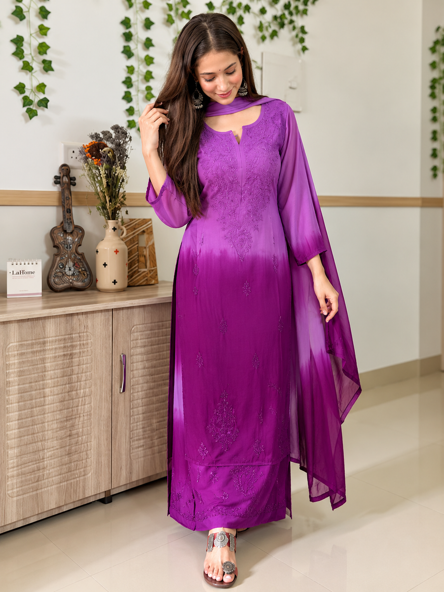 Women's Royal Purple Rayon Chikankari Designer Suit Set with Handcrafted Embroidery