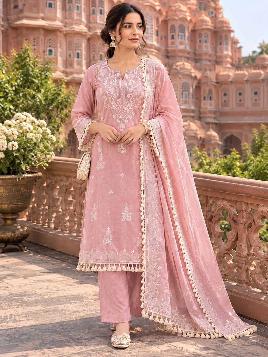Women's Pink Pure Cotton Printed Anarkali Suit Set with Embroidered Dupatta