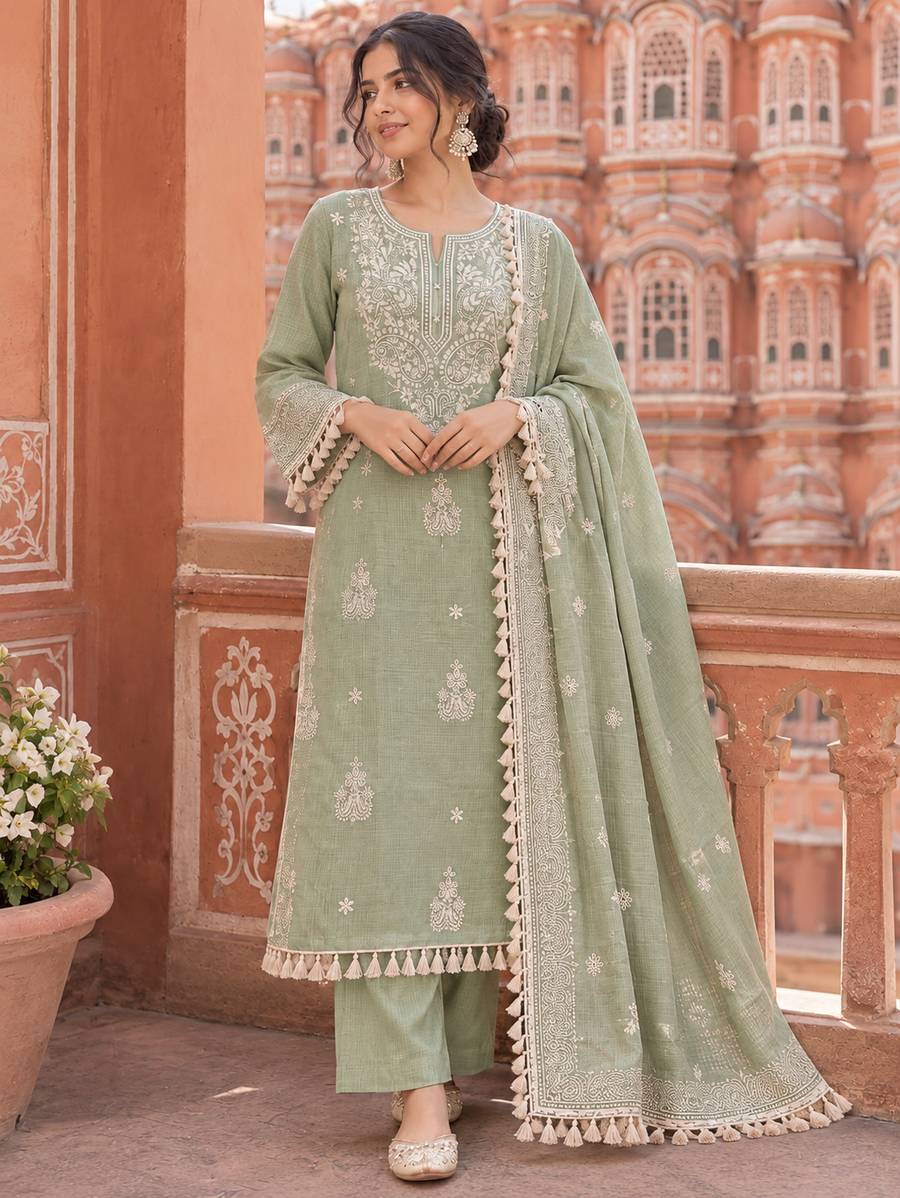 Women's Sage Green Pure Cotton Embroidered Anarkali Suit Set with Printed Dupatta