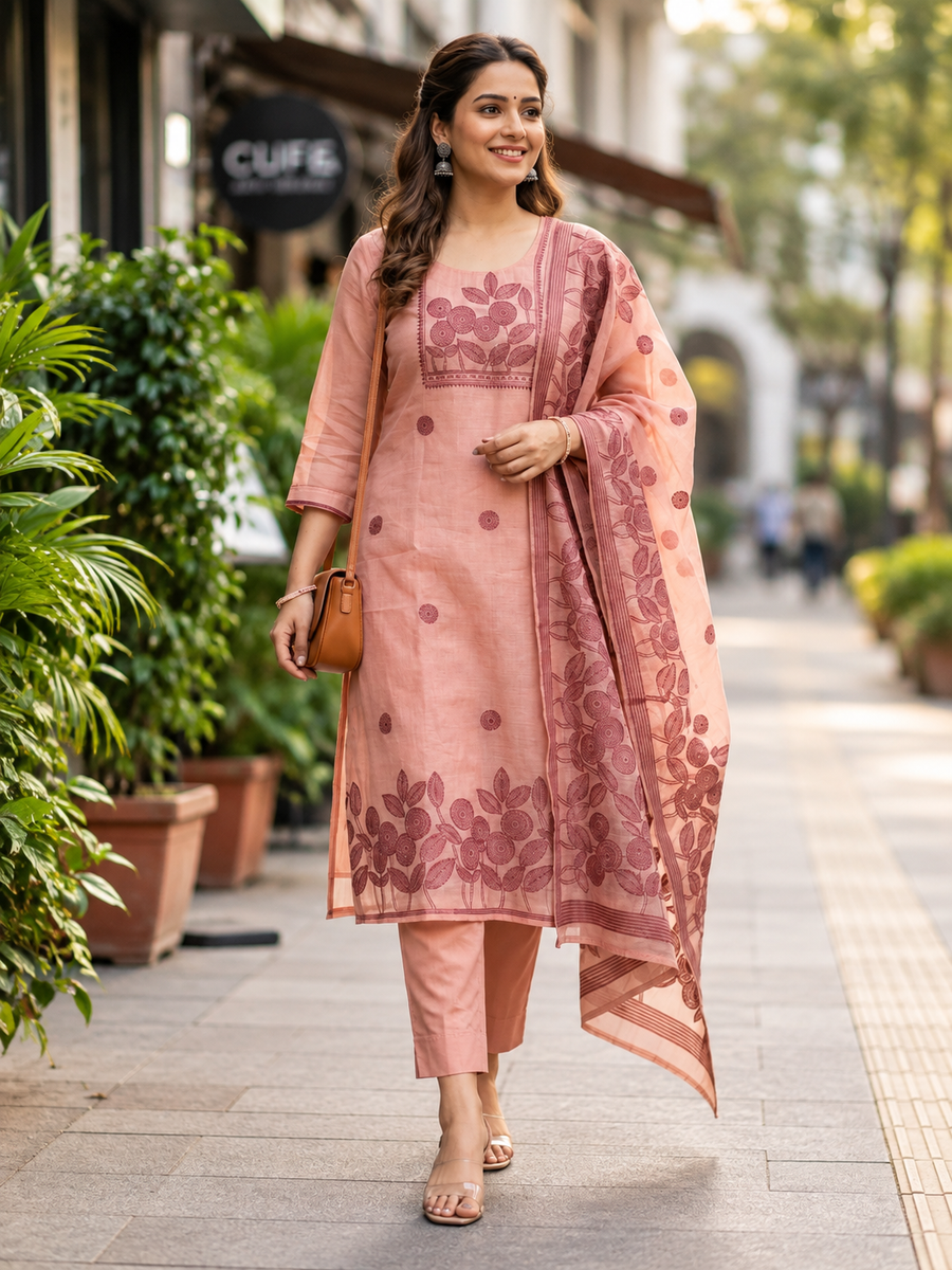 Women's Dusty Rose Pink Heavy Cotton Designer Suit Set with Floral Hand & Embroidery Work