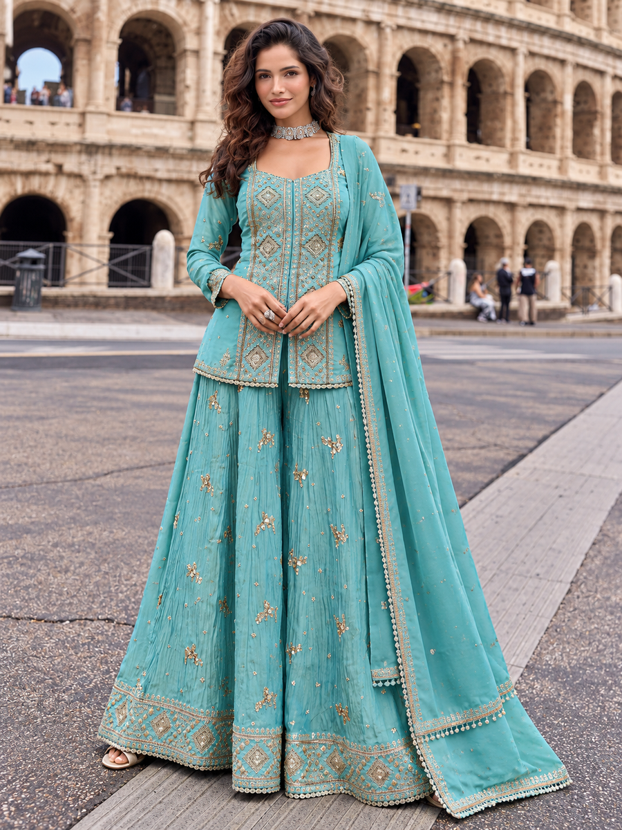 Women's Sea Green Heavy Cotton Embroidered Kurti Pant Dupatta Set | Sayuri Designer