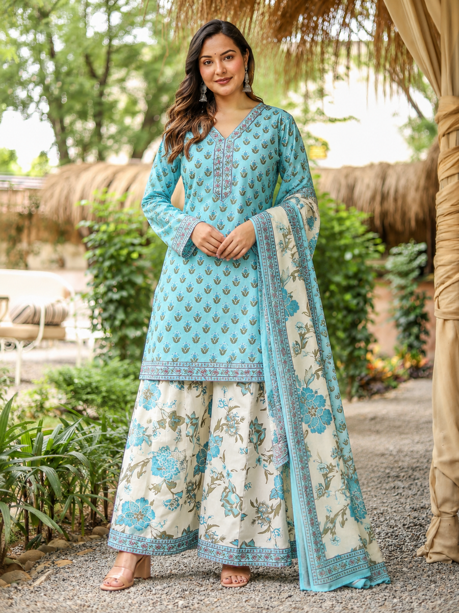 Women's Sky Blue Mul Chanderi Printed 3-Piece Suit Set with Embroidery Work
