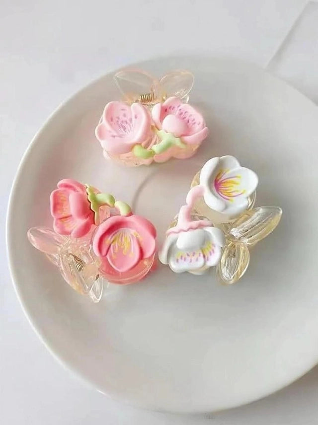 Pink Flower Hair Claw Set of 3Pcs