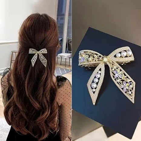 Diversa Gold-Plated Pearl Bow Hair Clip – CZ Stone French Barrette
